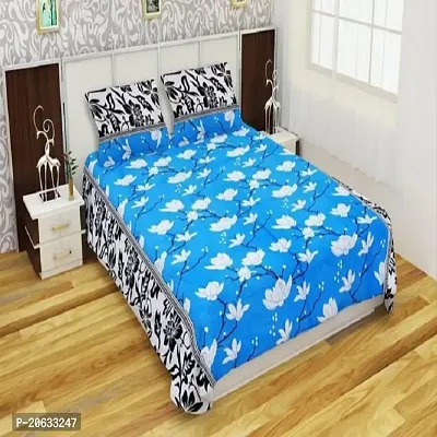 PCOTT Prime Collection 144 TC Polycotton 3D Printed Double Bedsheet with 2 Pillow Covers (Multicolour, Size 90 x 90 Inch) - Sky Blue with White Flower 3D2