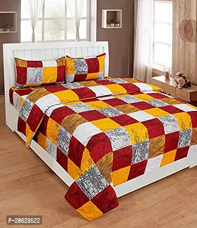 PCOTT Prime Collection 144 TC Polycotton 3D Printed Double Bedsheet with 2 Pillow Covers (Multicolour, Size 90 x 90 Inch) - Red  Yellow Checks 3D1