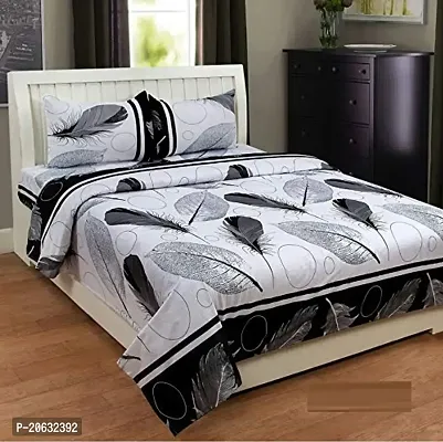 PCOTT Prime Collection 144 TC Polycotton 3D Printed Double Bedsheet with 2 Pillow Covers (Multicolour, Size 90 x 90 Inch) - White with Black  White Leaves 3D1