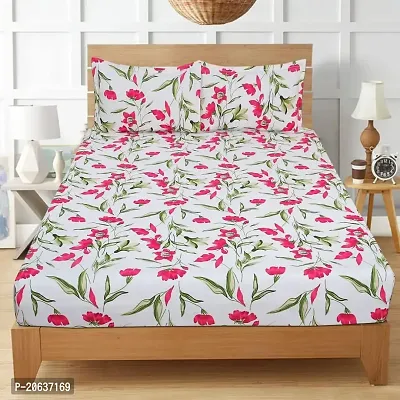 PCOTT Prime Collection 144 TC Polycotton 3D Printed Double Bedsheet with 2 Pillow Covers (Multicolour, Size 90 x 90 Inch) - White with Green Leaves 3D1