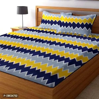 PCOTT Prime Collection 144 TC Polycotton 3D Printed Double Bedsheet with 2 Pillow Covers (Multicolour, Size 90 x 90 Inch) - Grey Yellow Zigzag Lines 3D5