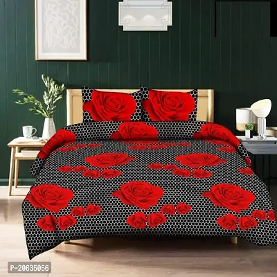 PCOTT Prime Collection 144 TC Polycotton 3D Printed Double Bedsheet with 2 Pillow Covers (Multicolour, Size 90 x 90 Inch) - Dotted Black with Red Flower 3D3-thumb0