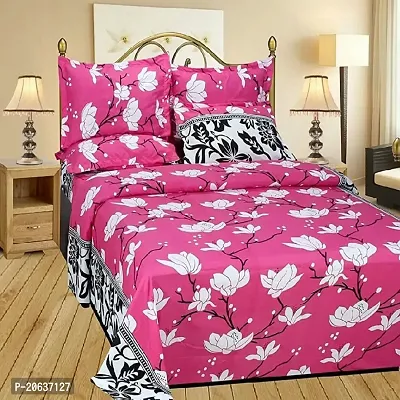 PCOTT Prime Collection 144 TC Polycotton 3D Printed Double Bedsheet with 2 Pillow Covers (Multicolour, Size 90 x 90 Inch) - Pink with White Flower 3D3