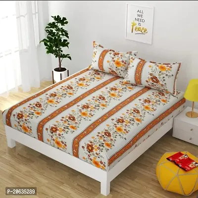 PCOTT Prime Collection 160 TC Supersoft Glace Cotton King Size Elastic Fitted Double Bedsheet with 2 Pillow Covers (Multicolour, Size 72 x 78 Inch) - Orange Bail - Gold Fitted