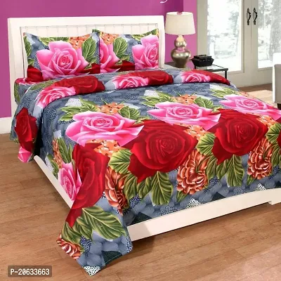PCOTT Prime Collection 144 TC Polycotton 3D Printed Double Bedsheet with 2 Pillow Covers (Multicolour, Size 90 x 90 Inch) - Blue with Red and Pink Flower 3D1
