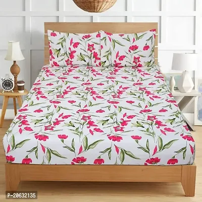 PCOTT Prime Collection 144TC 3D Printed Polycotton Double Bedsheet with 2 Pillow Covers (Multicolour, Size 87 x 87 Inch) - White with Green Leaves 3D1-M