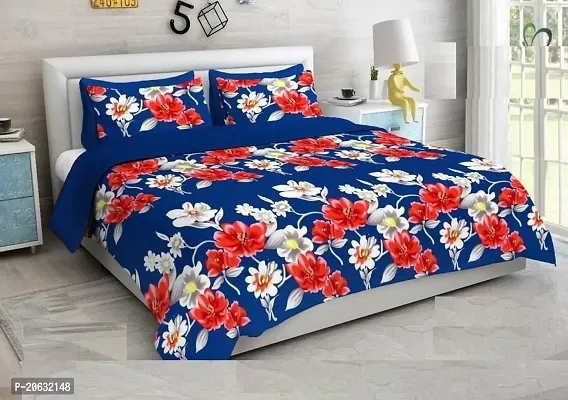 PCOTT Prime Collection 144TC 3D Printed Polycotton Double Bedsheet with 2 Pillow Covers (Multicolour, Size 87 x 87 Inch) - Blue with Red  White Flower 3D1