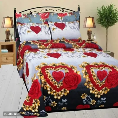 PCOTT Prime Collection 144 TC Polycotton 3D Printed Double Bedsheet with 2 Pillow Covers (Multicolour, Size 90 x 90 Inch) - Red Roses Heart 3D1-thumb0
