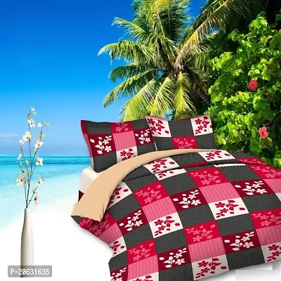 PCOTT Prime Collection 144 TC Polycotton 3D Printed Double Bedsheet with 2 Pillow Covers (Multicolour, Size 90 x 90 Inch) - Red Grey Check with Leaves 3D4-thumb0