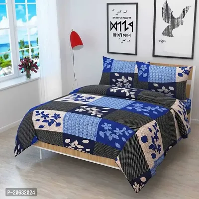 PCOTT Prime Collection 144 TC Polycotton 3D Printed Double Bedsheet with 2 Pillow Covers (Multicolour, Size 90 x 90 Inch) - Blue Grey Check with Leaves 3D8