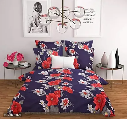 PCOTT Prime Collection 144 TC Polycotton 3D Printed Double Bedsheet with 2 Pillow Covers (Multicolour, Size 90 x 90 Inch) - Blue with Red  White Flower 3D1