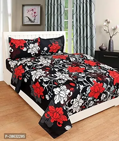 PCOTT Prime Collection 144 TC Polycotton 3D Printed Double Bedsheet with 2 Pillow Covers (Multicolour, Size 90 x 90 Inch) - Black with Red  White Flower 3D4