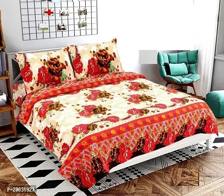 PCOTT Prime Collection 144TC 3D Printed Polycotton Double Bedsheet with 2 Pillow Covers (Multicolour, Size 87 x 87 Inch) - Maroon  White with Red Flowers 3D1