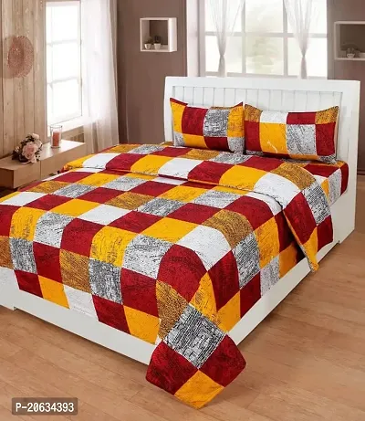 PCOTT Prime Collection 144TC 3D Printed Polycotton Double Bedsheet with 2 Pillow Covers (Multicolour, Size 87 x 87 Inch) - Red  Yellow Checks 3D-M