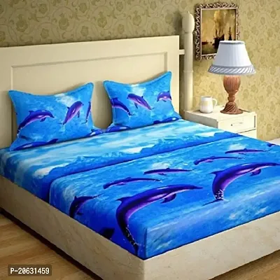 PCOTT Prime Collection 144TC 3D Printed Polycotton Double Bedsheet with 2 Pillow Covers (Multicolour, Size 87 x 87 Inch) - Blue Fish 3D2