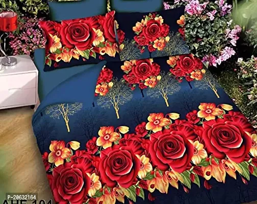 PCOTT Prime Collection 144TC 3D Printed Polycotton Double Bedsheet with 2 Pillow Covers (Multicolour, Size 87 x 87 Inch) - Blue with Red  White Roses 3D1