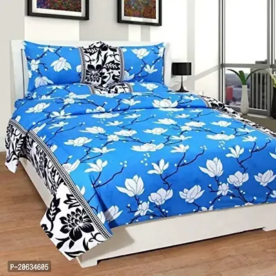 PCOTT Prime Collection 144 TC Polycotton 3D Printed Double Bedsheet with 2 Pillow Covers (Multicolour, Size 90 x 90 Inch) - Sky Blue with White Flower 3D1