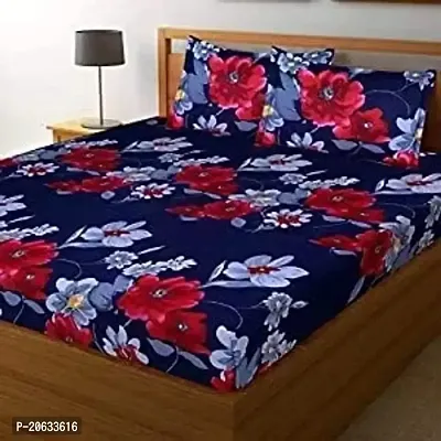 PCOTT Prime Collection 144TC 3D Printed Polycotton Double Bedsheet with 2 Pillow Covers (Multicolour, Size 87 x 87 Inch) - Blue with Red  White Flower 3D4-M