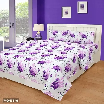 PCOTT Prime Collection 144 TC Polycotton 3D Printed Double Bedsheet with 2 Pillow Covers (Multicolour, Size 90 x 90 Inch) - White with Purple Flowers 3D2