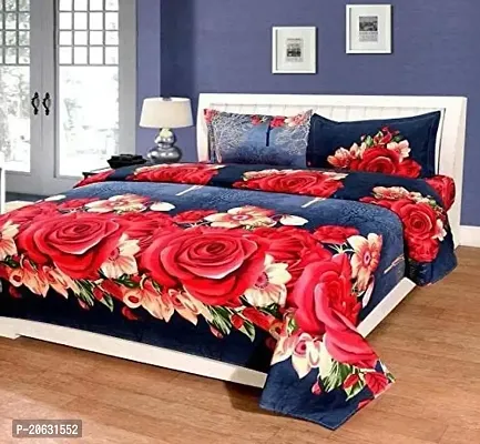 PCOTT Prime Collection 144TC 3D Printed Polycotton Double Bedsheet with 2 Pillow Covers (Multicolour, Size 87 x 87 Inch) - Blue with Red  White Roses 3D2-M