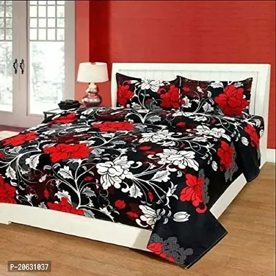 PCOTT Prime Collection 144TC 3D Printed Polycotton Double Bedsheet with 2 Pillow Covers (Multicolour, Size 87 x 87 Inch) - Black with Red  White Flowers 3-M