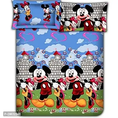 PCOTT Prime Collection 144 TC Polycotton 3D Printed Double Bedsheet with 2 Pillow Covers (Multicolour, Size 90 x 90 Inch) - Mickey Mouse 3D9