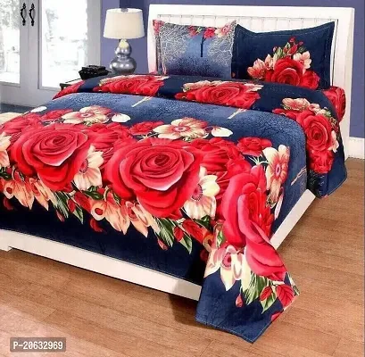 PCOTT Prime Collection 144 TC Polycotton 3D Printed Double Bedsheet with 2 Pillow Covers (Multicolour, Size 90 x 90 Inch) - Blue with Red  White Roses 3D6