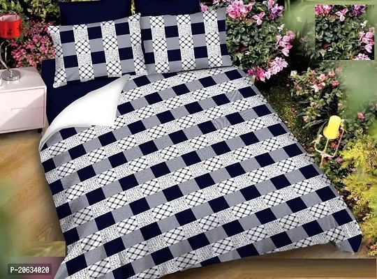 PCOTT Prime Collection 144 TC Polycotton 3D Printed Double Bedsheet with 2 Pillow Covers (Multicolour, Size 90 x 90 Inch) - Blue  White Check 3D1