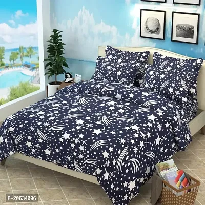 PCOTT Prime Collection 144TC 3D Printed Polycotton Double Bedsheet with 2 Pillow Covers (Multicolour, Size 87 x 87 Inch) - Blue with Stars 3D4-M-thumb0