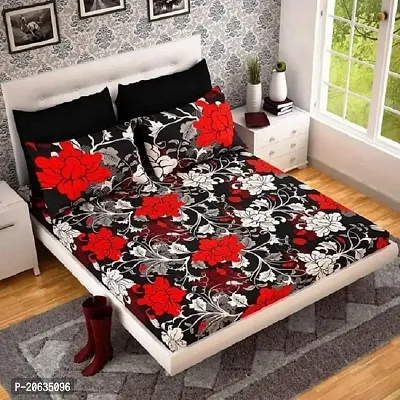 PCOTT Prime Collection 144 TC Polycotton 3D Printed Double Bedsheet with 2 Pillow Covers (Multicolour, Size 90 x 90 Inch) - Black with Red  White Flower 3D1