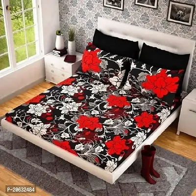 PCOTT Prime Collection 144 TC Polycotton 3D Printed Double Bedsheet with 2 Pillow Covers (Multicolour, Size 90 x 90 Inch) - Black with Red  White Flower 3D5