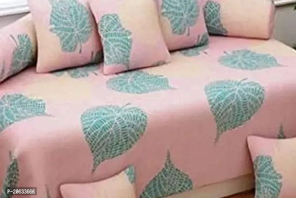 PCOTT 160 TC Supersoft Glace Cotton 8 pc Diwan Set, Multicolour (1 Single Bedsheet, 2 Bolster Covers and 5 Cushion Covers) - Pink with Green Leaves1-Diwan-thumb2