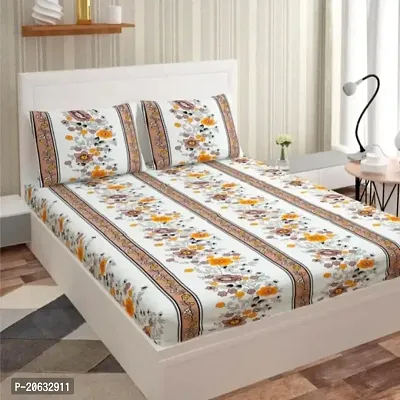 PCOTT Prime Collection 160TC Supersoft Glace Cotton Elastic Fitted King Size Double Bedsheet with 2 Pillow Covers (Multicolour, Size 72 x 78 Inch) - Orange Bail 2 - Gold Fitted