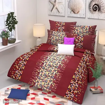 PCOTT Prime Collection 144 TC Polycotton 3D Printed Double Bedsheet with 2 Pillow Covers (Multicolour, Size 90 x 90 Inch) - Red with Multi Colour Square 3D2