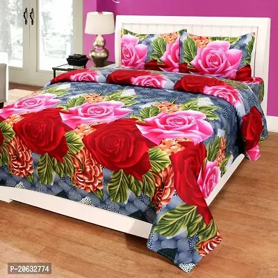 PCOTT Prime Collection 144TC 3D Printed Polycotton Double Bedsheet with 2 Pillow Covers (Multicolour, Size 87 x 87 Inch) - Blue with Red and Pink Flower 3D-M