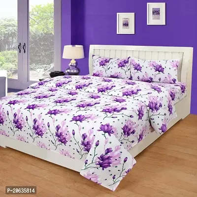 PCOTT Prime Collection 144TC 3D Printed Polycotton Double Bedsheet with 2 Pillow Covers (Multicolour, Size 87 x 87 Inch) - White with Purple Flowers 3D-M-thumb0