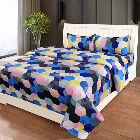 PCOTT Prime Collection 144 TC Polycotton 3D Printed Double Bedsheet with 2 Pillow Covers (Multicolour, Size 90 x 90 Inch)