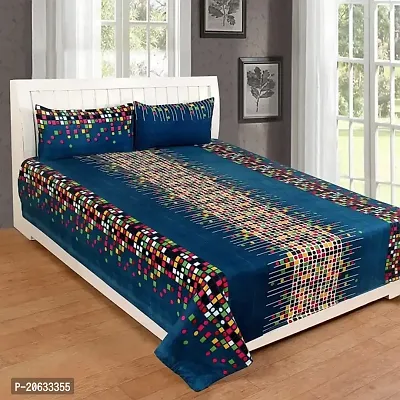 PCOTT Prime Collection 144 TC Polycotton 3D Printed Double Bedsheet with 2 Pillow Covers (Multicolour, Size 90 x 90 Inch) - Blue with Multi Colour Square 3D3