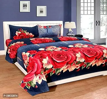 PCOTT Prime Collection 144 TC Polycotton 3D Printed Double Bedsheet with 2 Pillow Covers (Multicolour, Size 90 x 90 Inch) - Blue with Red  White Roses 3D1