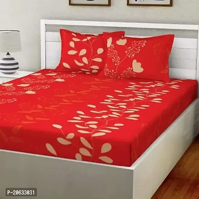 PCOTT Prime Collection 144 TC Polycotton 3D Printed Double Bedsheet with 2 Pillow Covers (Multicolour, Size 90 x 90 Inch) - Red with White Leaves 3D5