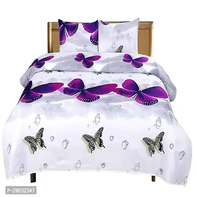 PCOTT Prime Collection 144TC 3D Printed Polycotton Double Bedsheet with 2 Pillow Covers (Multicolour, Size 87 x 87 Inch) - White with Purple Butterfly 3D1-M