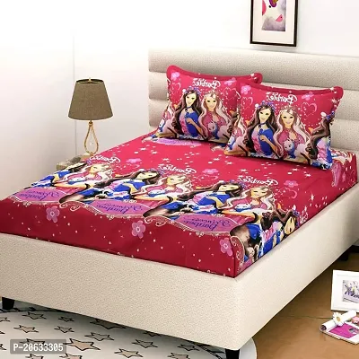 PCOTT Prime Collection 144TC 3D Printed Polycotton Double Bedsheet with 2 Pillow Covers (Multicolour, Size 87 x 87 Inch) - Barbie - Princess 3D1-M