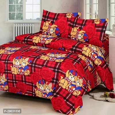 PCOTT Prime Collection 144 TC Polycotton 3D Printed Double Bedsheet with 2 Pillow Covers (Multicolour, Size 90 x 90 Inch) - Red with Cartoons 3D1