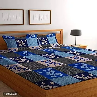 PCOTT Prime Collection 144 TC Polycotton 3D Printed Double Bedsheet with 2 Pillow Covers (Multicolour, Size 90 x 90 Inch) - Blue Grey Check with Leaves 3D3