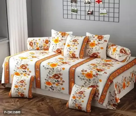 PCOTT 160 TC Supersoft Glace Cotton 8 pc Diwan Set, Multicolour (1 Single Bedsheet, 2 Bolster Covers and 5 Cushion Covers) - Orange Bail1-Diwan