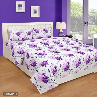 PCOTT Prime Collection 144 TC Polycotton 3D Printed Double Bedsheet with 2 Pillow Covers (Multicolour, Size 90 x 90 Inch) - White with Purple Flowers 3D1