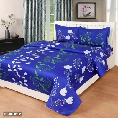 PCOTT Prime Collection 144 TC Polycotton 3D Printed Double Bedsheet with 2 Pillow Covers (Multicolour, Size 90 x 90 Inch) - Blue with White Leaves 3D5