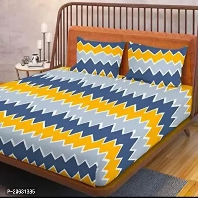 PCOTT Prime Collection 144TC 3D Printed Polycotton Double Bedsheet with 2 Pillow Covers (Multicolour, Size 87 x 87 Inch) - Grey Yellow Zigzag Lines 3D1-M