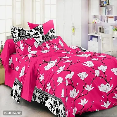 PCOTT Prime Collection 144 TC Polycotton 3D Printed Double Bedsheet with 2 Pillow Covers (Multicolour, Size 90 x 90 Inch) - Pink with White Flower 3D1-thumb0