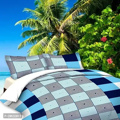 PCOTT Prime Collection 144TC 3D Printed Polycotton Double Bedsheet with 2 Pillow Covers (Multicolour, Size 87 x 87 Inch) - White Blue Blocks 3D2-M-thumb0